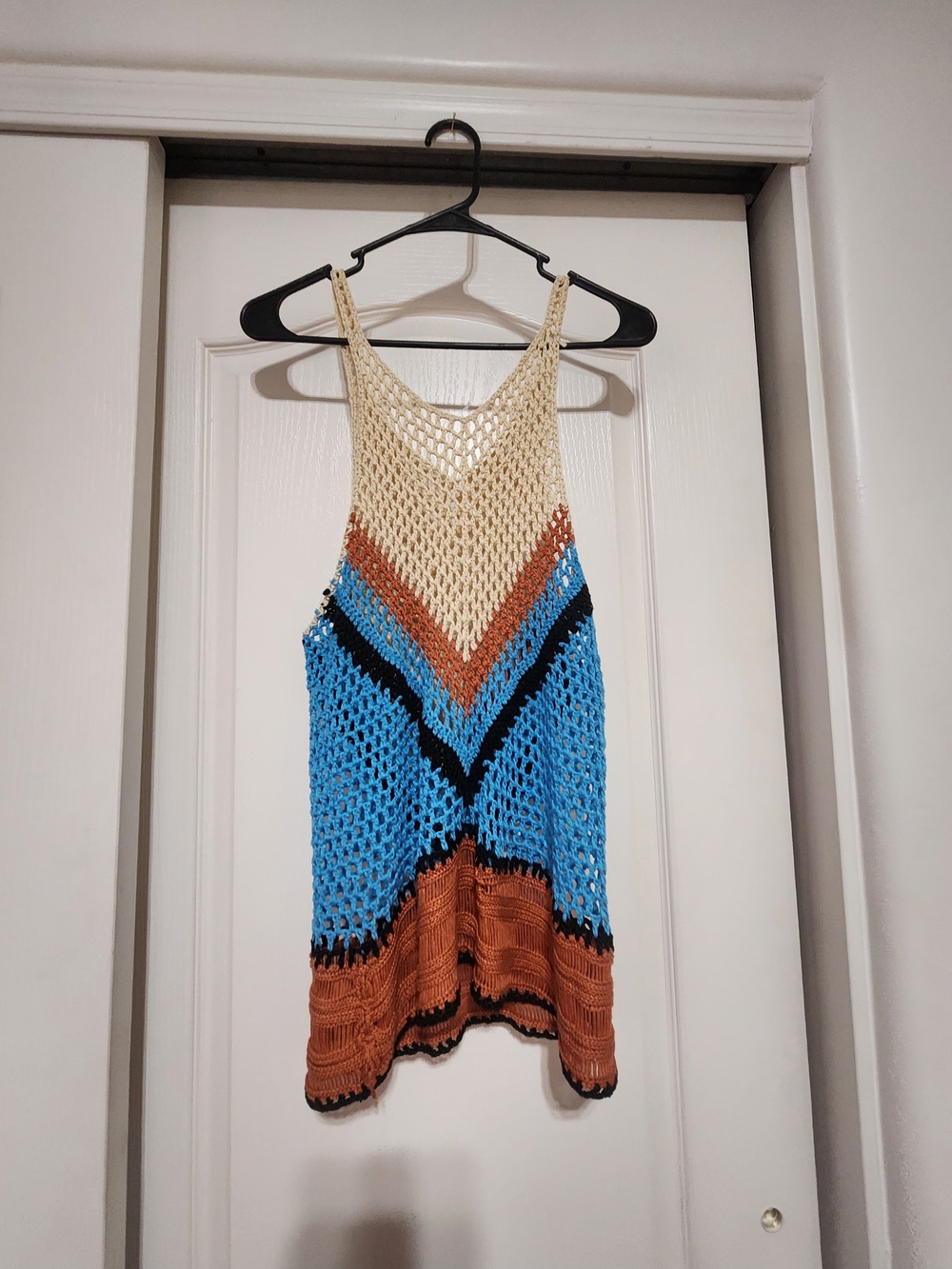 Boho Crochet Tank Top in Cream, Blue & Brown